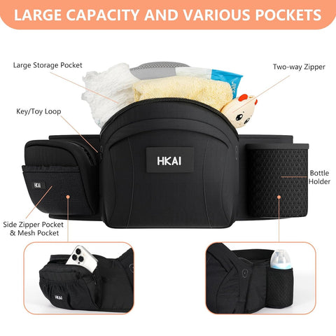 HKAI Baby Hip Carrier,Baby Carrier with Adjustable Waistband & Breathable Mesh, Ergonomic Carrier with Non-Slip Hip Seat Surface for Newborns & Toddlers (Black)