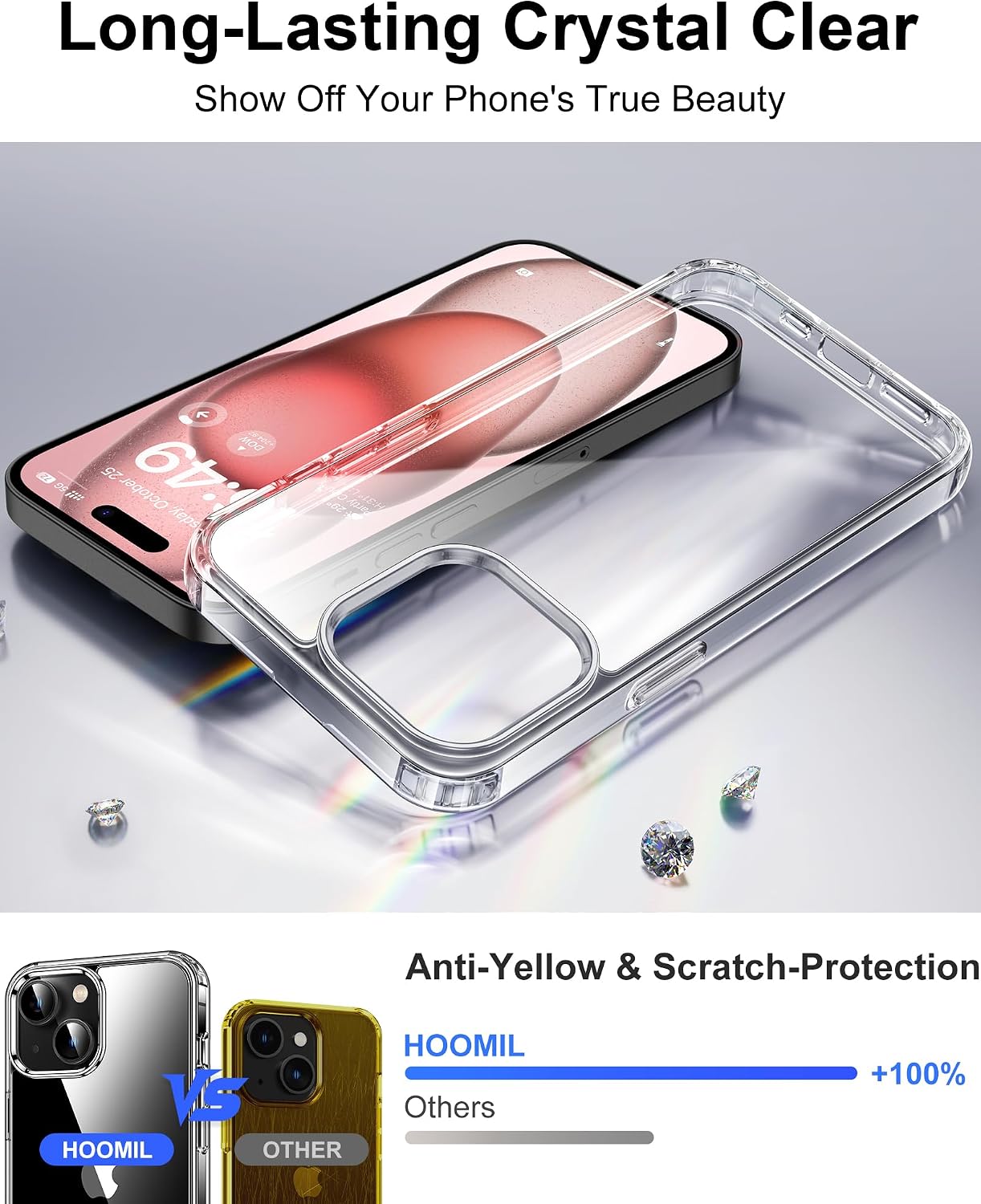 HOOMIL Case for iPhone 15, Anti-Yellowing, Crystal Clear