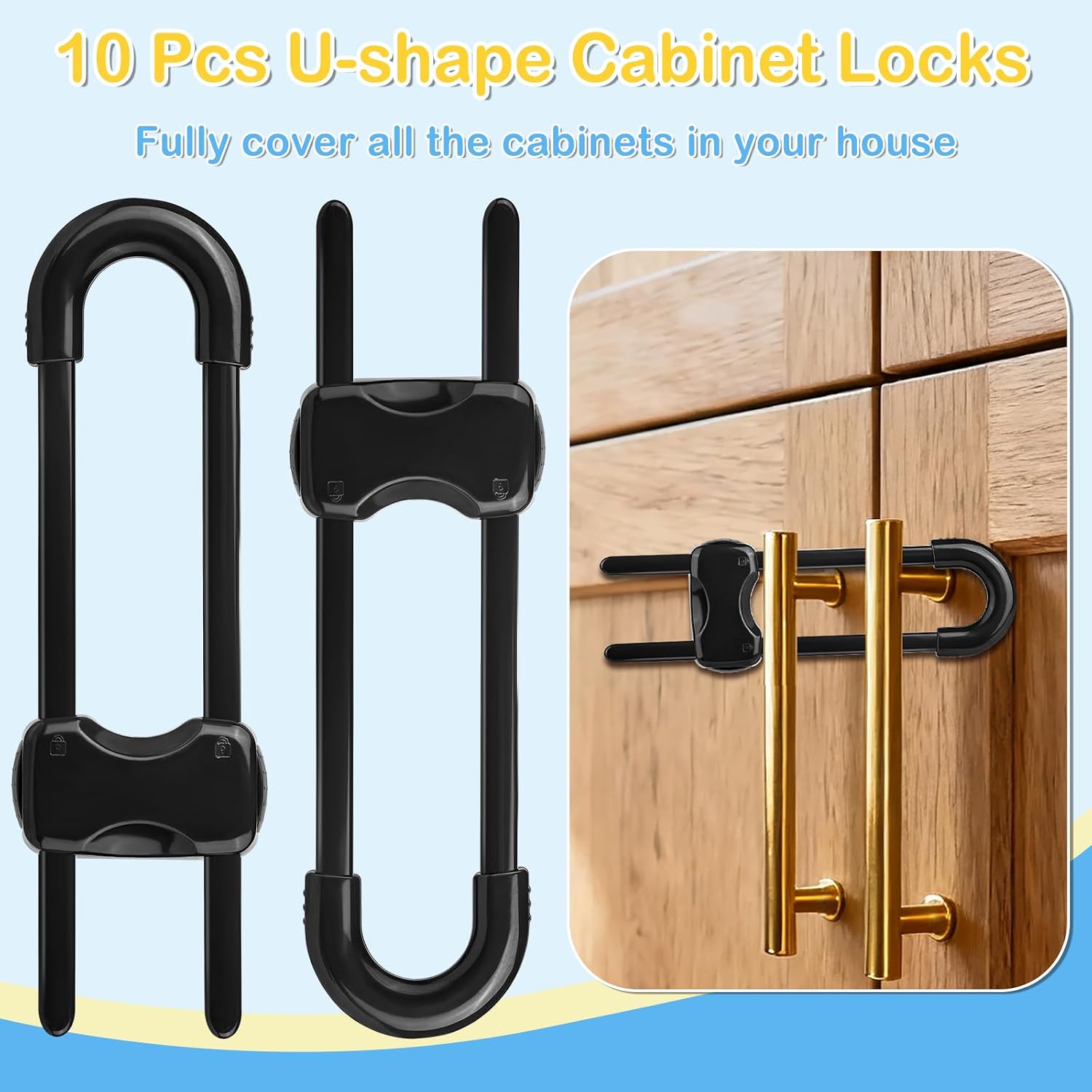 10 Pcs Sliding Cabinet Latches, U Shaped Cabinet Door Locks, Baby Cabinet Safety Latches for Baby Proofing, No Drilling Tool-Free Installation Easy to Use for Knobs or Handle Double Door (Black)