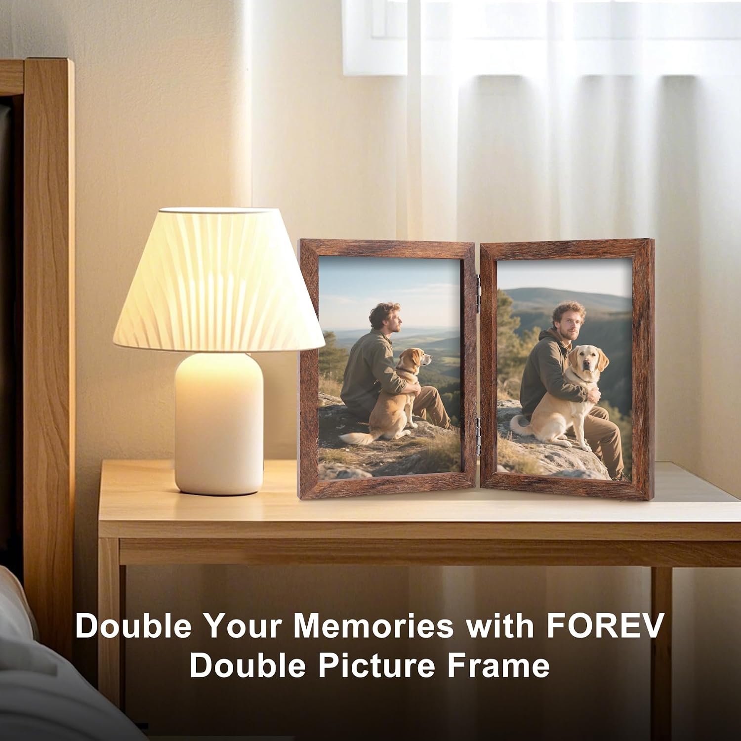 FOREV 5x7 Double Picture Frame Rustic Wood Wooden Hinged Photo Frame