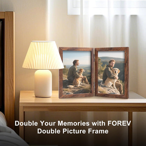 FOREV 5x7 Double Picture Frame Rustic Wood Wooden Hinged Photo Frame