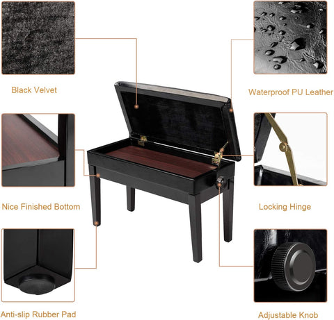 Bonnlo Adjustable Duet Piano Bench with Storage Faux Leather Seat
