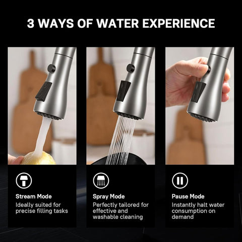 WEWE High-Arc Pull-Down Kitchen Faucet, Brushed Nickel, 3-Mode Sprayer