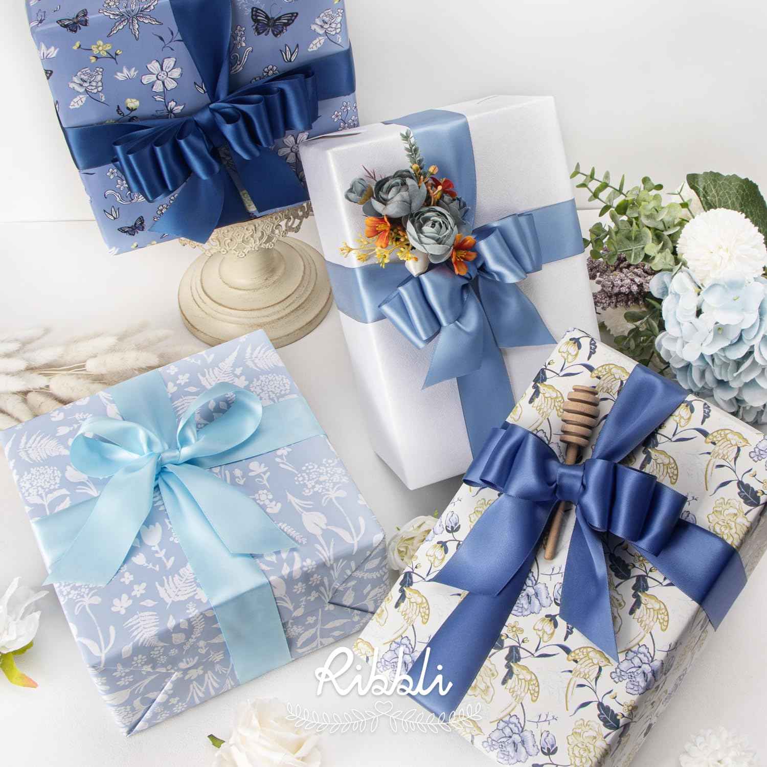 Ribbli Dusty Blue Satin Ribbon 1-1/2 Inch x 4 Rolls Total 40 Yards- Light Blue/Dusty Blue/Smoke Blue/Light Navy Ribbon for Gift Wrapping Craft Wedding Decoration