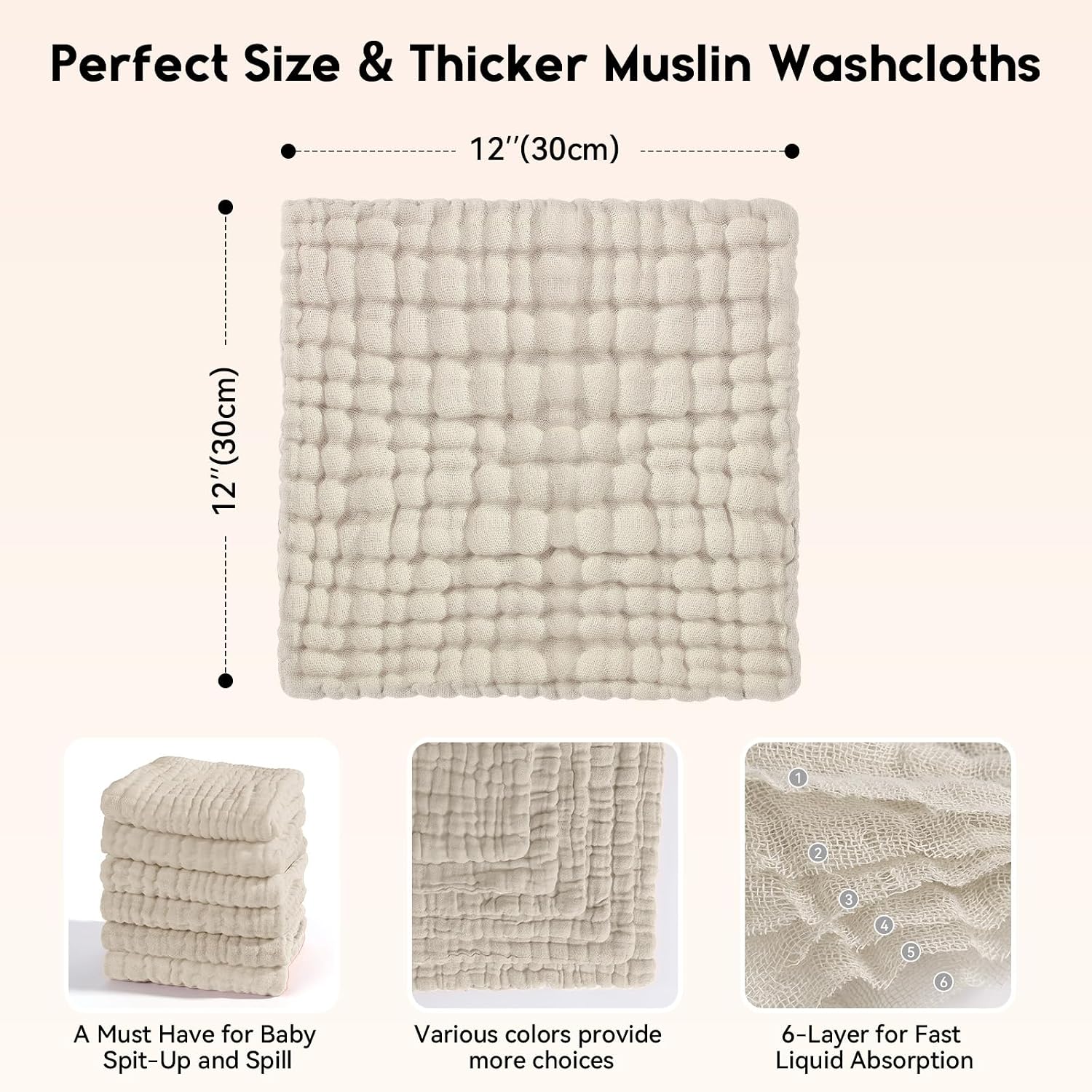Unnivoll Muslin Burp Cloths Baby 12''X12'', Baby Washcloths 6 Pack, 100% Cotton Baby Wash Cloths Absorbent and Soft for Newborn Infants Kids Boys Girls - Apricot
