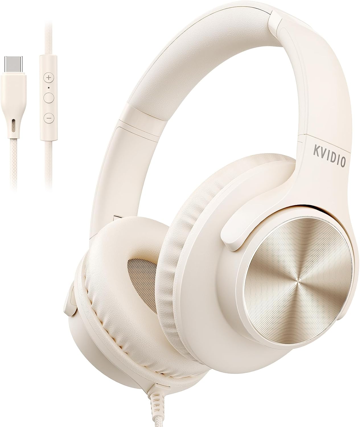 USB C Wired Headphones with Mic, Volume Control, Over-Ear for School, Beige