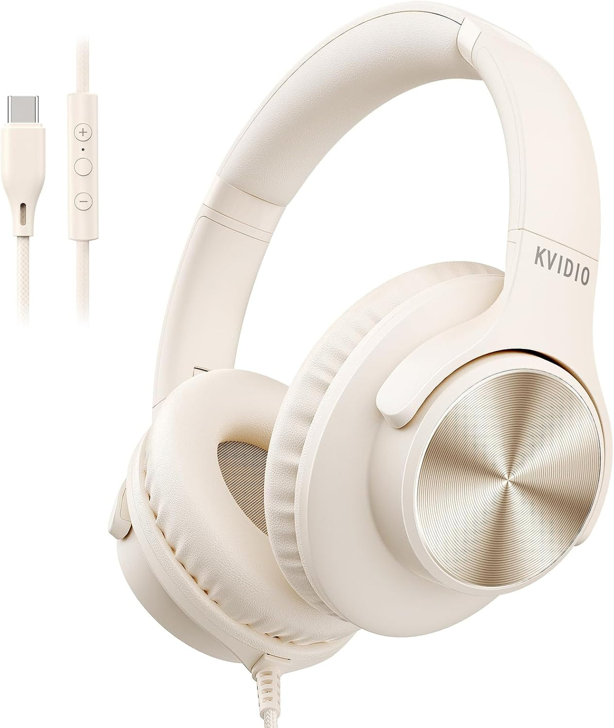 USB C Wired Headphones with Mic, Volume Control, Over-Ear for School, Beige