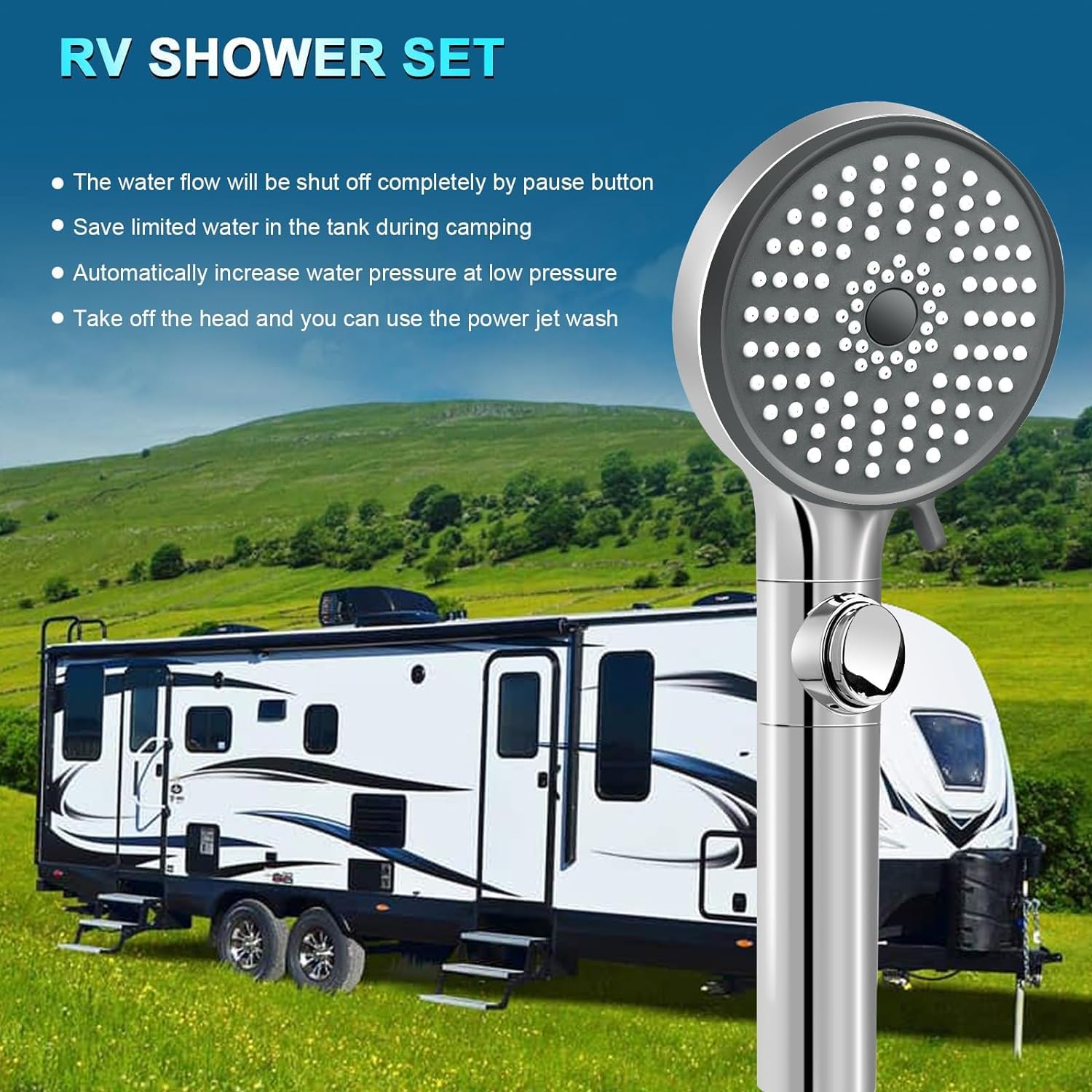RV Shower Head with Hose, High Pressure 5 Mode Shower head Replacement, Showerheads for RV/Campers, Travel Trailer, Motorhome for Water Saving, Handheld Shower Head Holder and Hose, On Off Switch