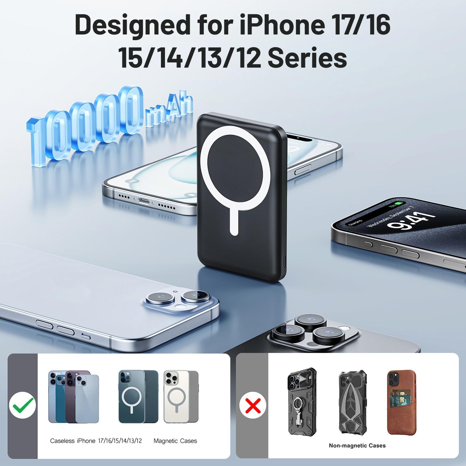 AOGUERBE for MagSafe Portable Charger, 10000mAh Magnetic Charger for iPhone
