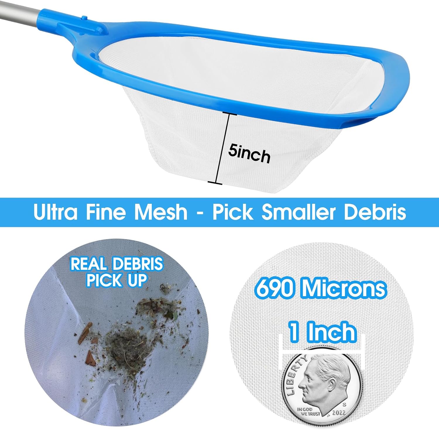 TidyMister Pool Skimmer Hot Tub Skimmer Spa Net with 12'' Aluminum Pole Ultra Fine Mesh Pool Net Accessories Leaf Skimmer for Small Pools Fine Debris
