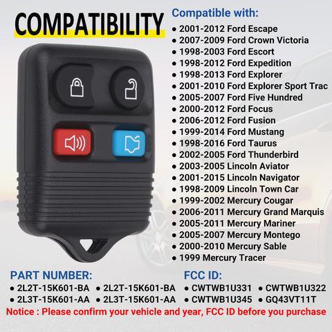 Vurkcy Keyless Entry Remote Key Fob Compatible with Ford Escape Explorer Expedition Focus Fusion Mustang Taurus, Lincoln, Mercury, Mazda, Replacement for CWTWB1U345, 4 Button (Pack of 2)