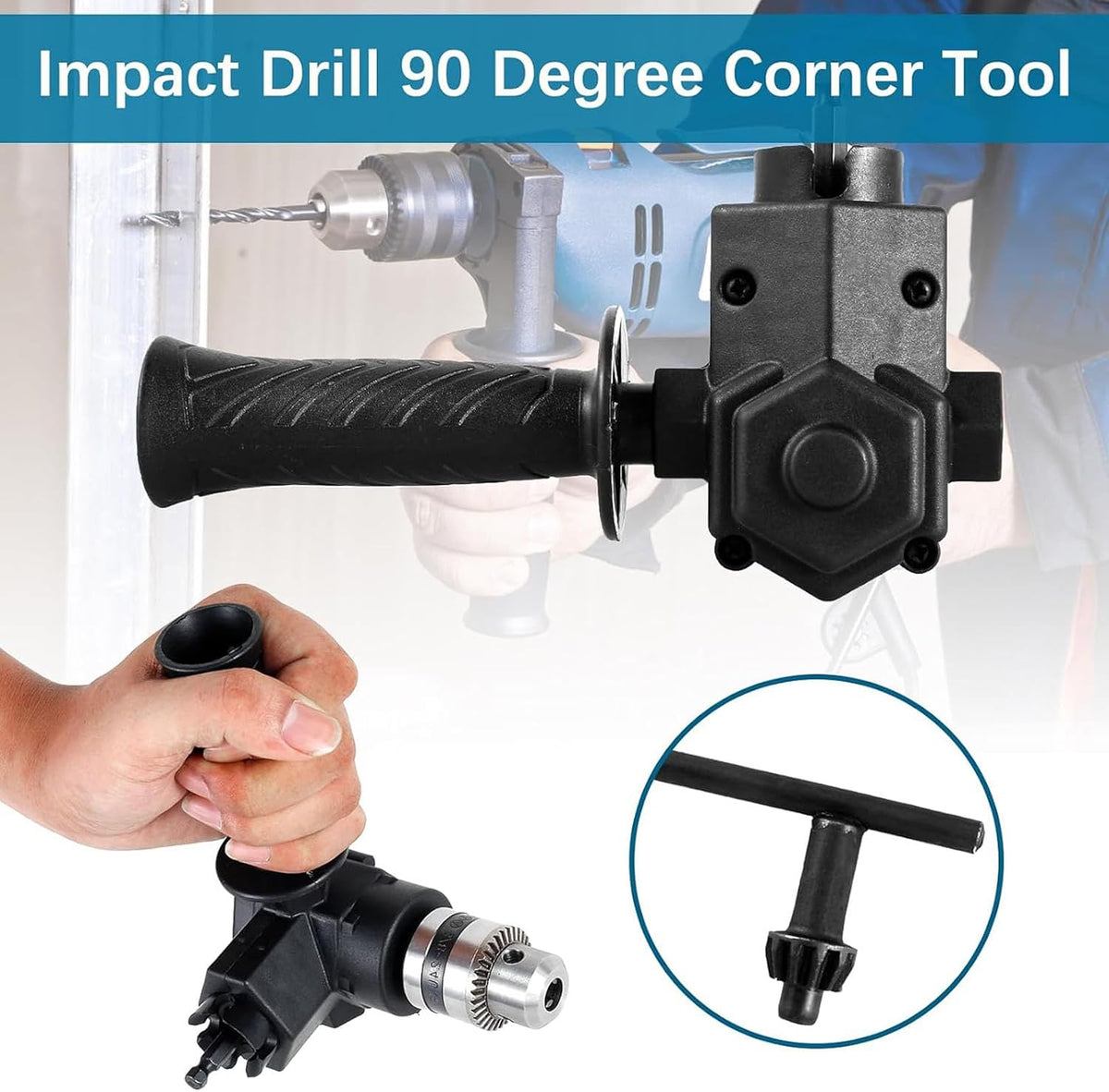 Right Angle Drill Attachment,90 Degree Drill Chuck with Handle,Cordless Right Angle Drill Attachment Adapter,Extension Chuck 7mm Shaft Electric Drill Extension Tool for Tight Corner Workspace