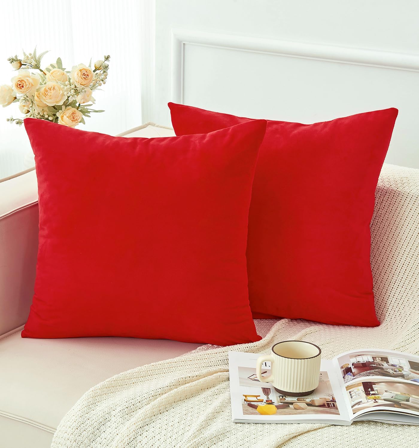 Pack of 2 Christmas Red Pillow Covers 16x16 Inch Decorative Throw Pillow Cover, Velvet Pillowcases for Couch Sofa Bed, Home Boho Decor, Modern Soft Cushion Covers