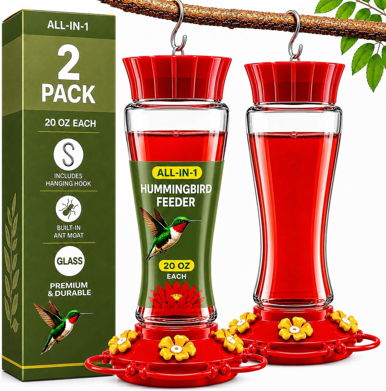 20 oz Red Glass Hummingbird Feeder [2 Pack] with Built-in Ant Guard