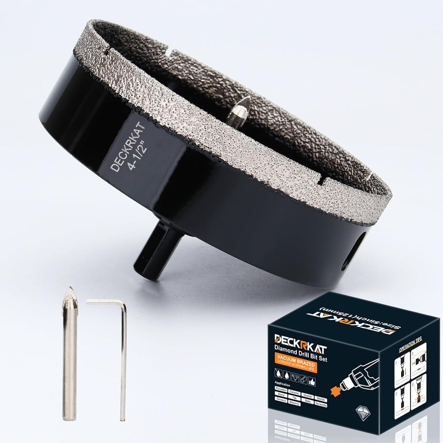 4-1/2 inch Diamond Hole-Saw Bits with Pilot Drill Bit -4-1/2" Diamond Tipped Tile Hole Saws with Guiding Bit Accurate Drilling for Porcelain Tile Ceramic Pottery Granite Stone Glass Bottles 115mm.
