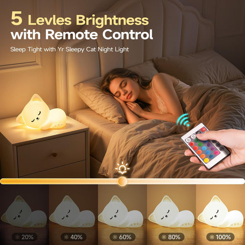 Mubarek Sleepy Cute Cat Gifts - 16-Color Silicone Night Light with Remote