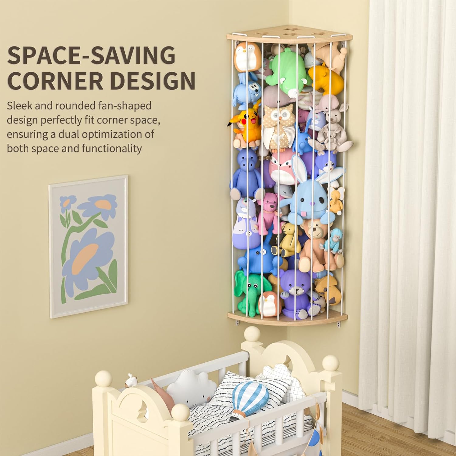 Jtksfcl Stuffed Animal Storage Wood Corner Plush Toys Holder with Star Pattern, Length Adjustable Hanging Stuffed Animal Toy Organizer Shelf for Nursery Play Room Bedroom Kid Room