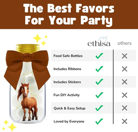 Ethisa Small 12 Pack Horse Party Favors - DIY Candy Jars with Ribbons and Stickers - Cowboy Party Decoration Bottles for Birthday, School Classroom, and Baby Shower - Horse Racing Table Centerpiece