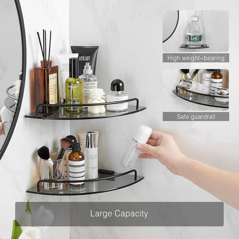 Voldra Glass Corner Shower Caddy, 2 Pack Adhesive Corner Shower Shelves for Inside Shower No Drilling, Tempered Glass Bathroom Corner Shelf with Guardrail Bathroom Shower Organizer Storage Rack(Black)