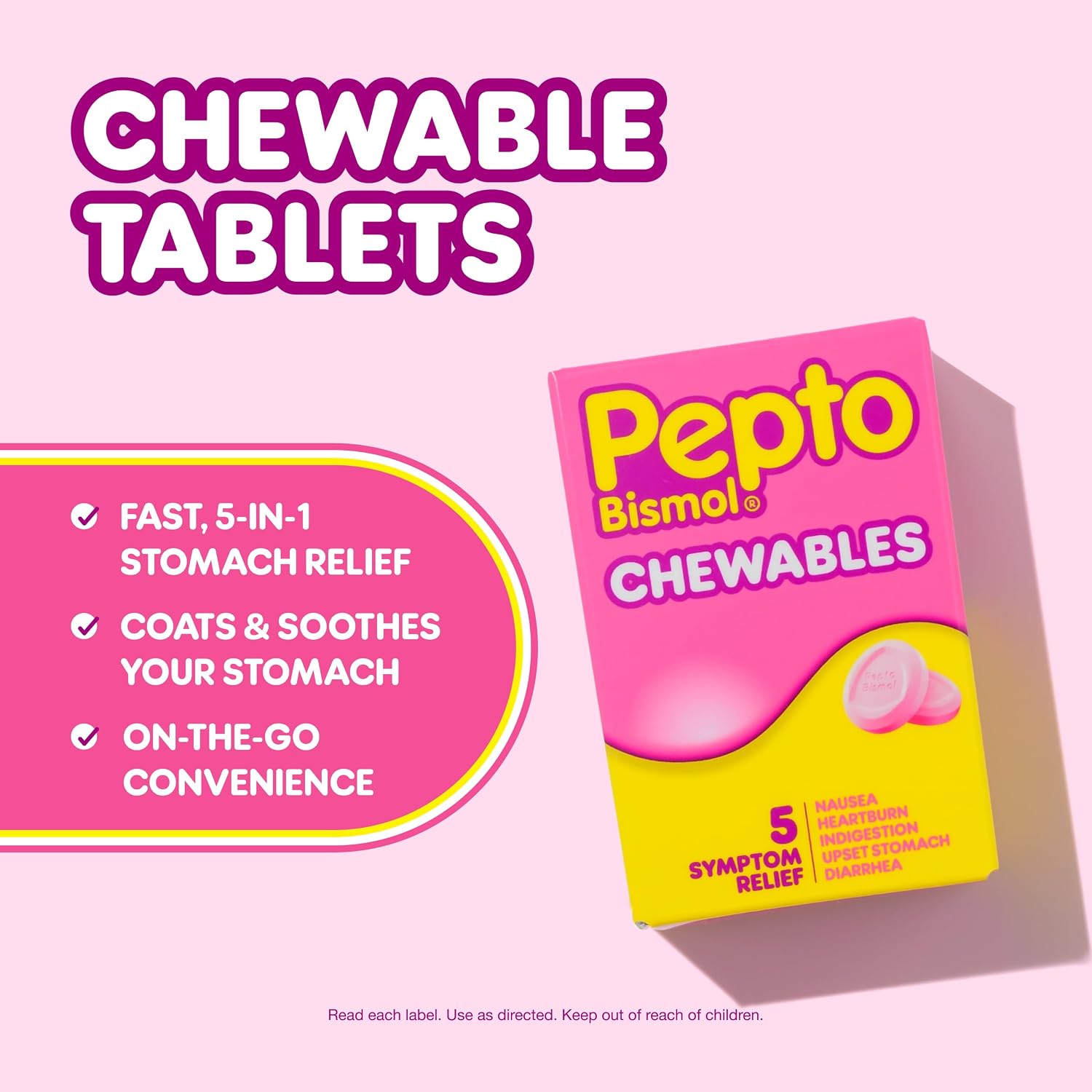 Pepto Bismol Chewable Tablets, Upset Stomach Relief, Nausea Relief, Heartburn Relief, Indigestion Relief, Anti Diarrhea Medication for Adults - 5 Symptom Relief, 12 ct