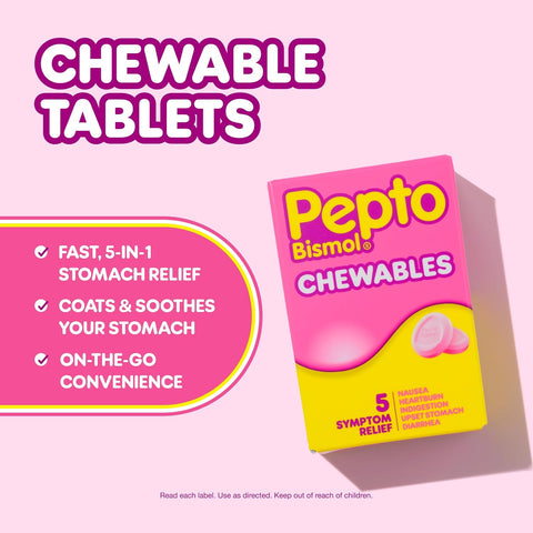 Pepto Bismol Chewable Tablets, Upset Stomach Relief, Nausea Relief, Heartburn Relief, Indigestion Relief, Anti Diarrhea Medication for Adults - 5 Symptom Relief, 12 ct