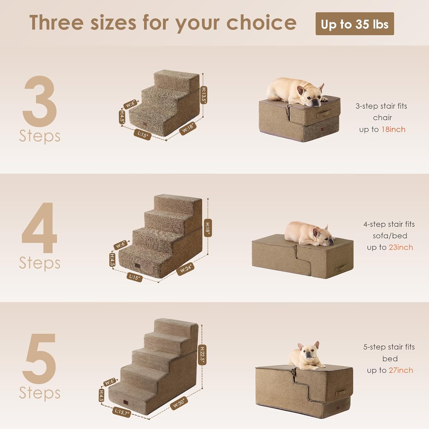 EHEYCIGA Dog Stairs for Bed 18" H, 4-Step Dog Steps for High Bed, Camel