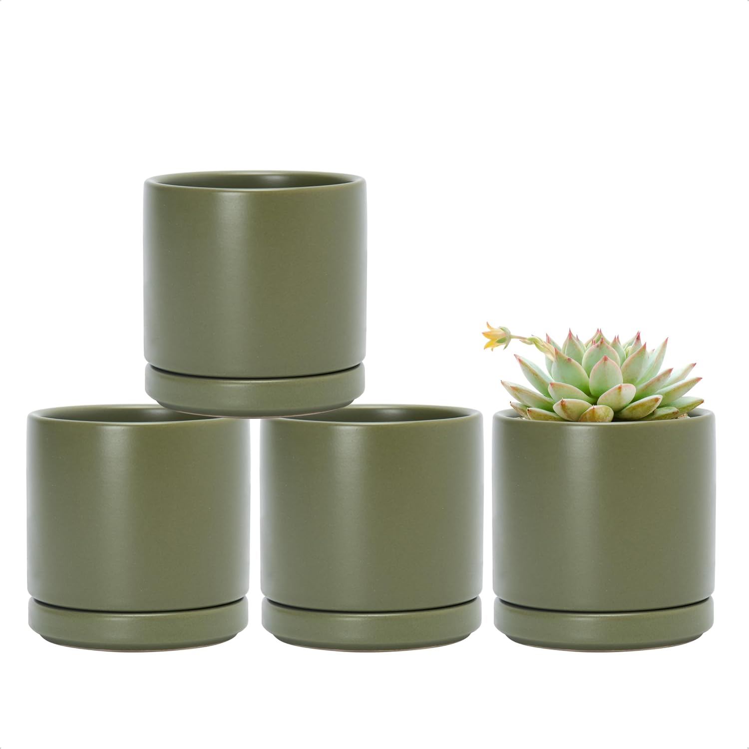D'vine Dev 4-Pack Ceramic Pots with Saucers, Olive, 3.5 in, 94-X-A-0