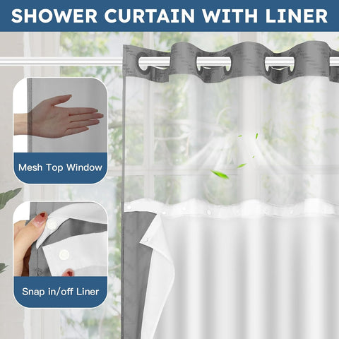 FADOTY Grey No Hook Shower Curtain Set with Snap in Liner, 71'' x 74''