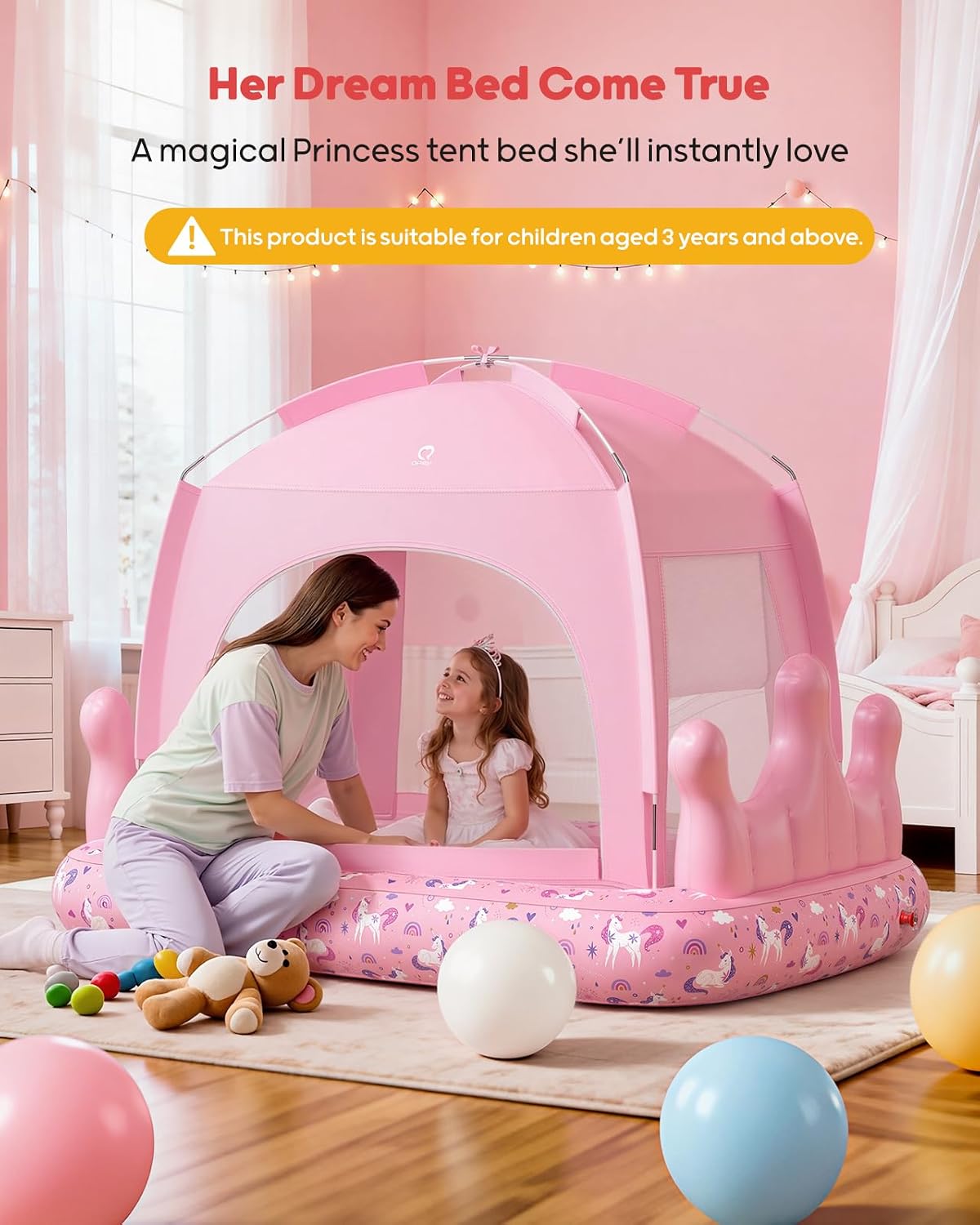 QPAU Kids Air Mattress with Tent and Fast Pump, for Ages 3+ Girls Princess