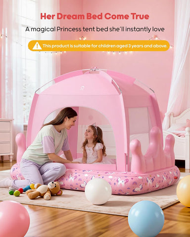 QPAU Kids Air Mattress with Tent and Fast Pump, for Ages 3+ Girls Princess