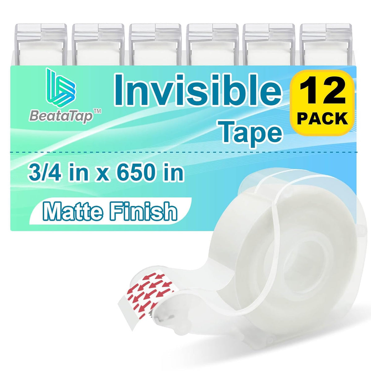 Tape Bulk, Clear Tape, Invisible, Matte Finish, Writable, 3/4 in x 650 in, Transparent Tape, 12 Rolls with Dispensers, Ideal for Gift Wrapping, School Supplies & Office Use