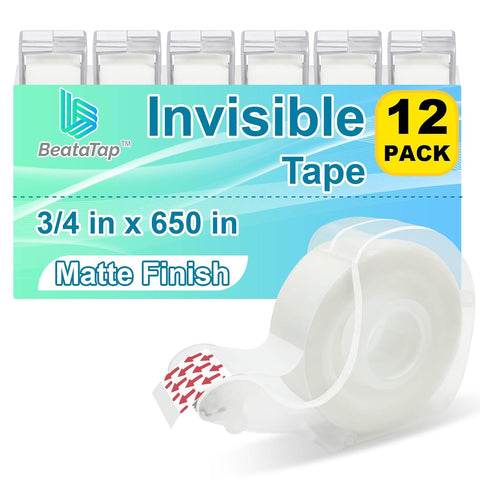 Tape Bulk, Clear Tape, Invisible, Matte Finish, Writable, 3/4 in x 650 in, Transparent Tape, 12 Rolls with Dispensers, Ideal for Gift Wrapping, School Supplies & Office Use