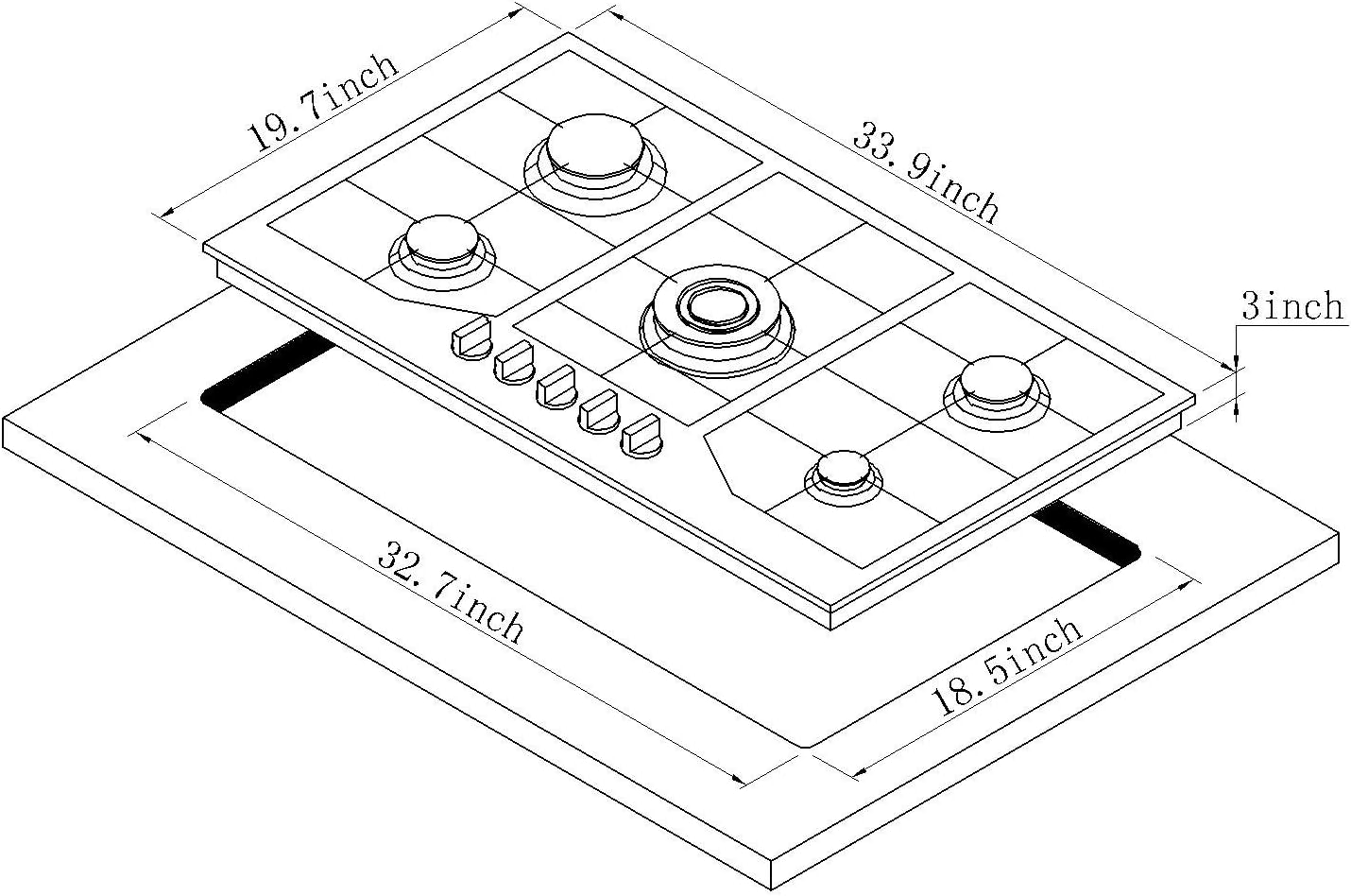 DM5808 34 Inch Stainless Steel Built-in 5 Burner Gas Cooktop - LPG/NG Convertible Dual Fuel Gas Hob