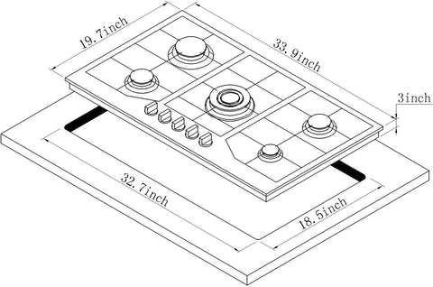 DM5808 34 Inch Stainless Steel Built-in 5 Burner Gas Cooktop - LPG/NG Convertible Dual Fuel Gas Hob