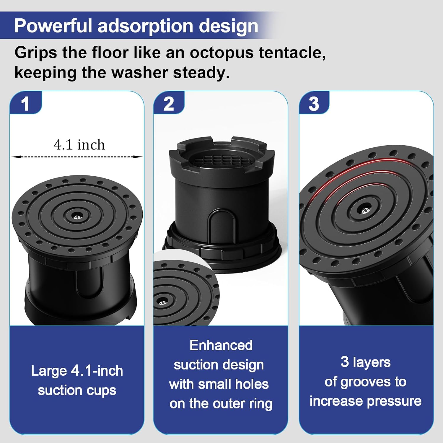 4Pcs Anti Vibration Pads for Washing Machine, Adjustable Height Stops Washer Dryer Moving, Prevents Noise, Vibration Transfer, Antivibration Stabilizer Support Feet with Suction Cup Bottom (Grey)
