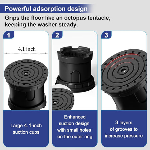 4Pcs Anti Vibration Pads for Washing Machine, Adjustable Height Stops Washer Dryer Moving, Prevents Noise, Vibration Transfer, Antivibration Stabilizer Support Feet with Suction Cup Bottom (Grey)