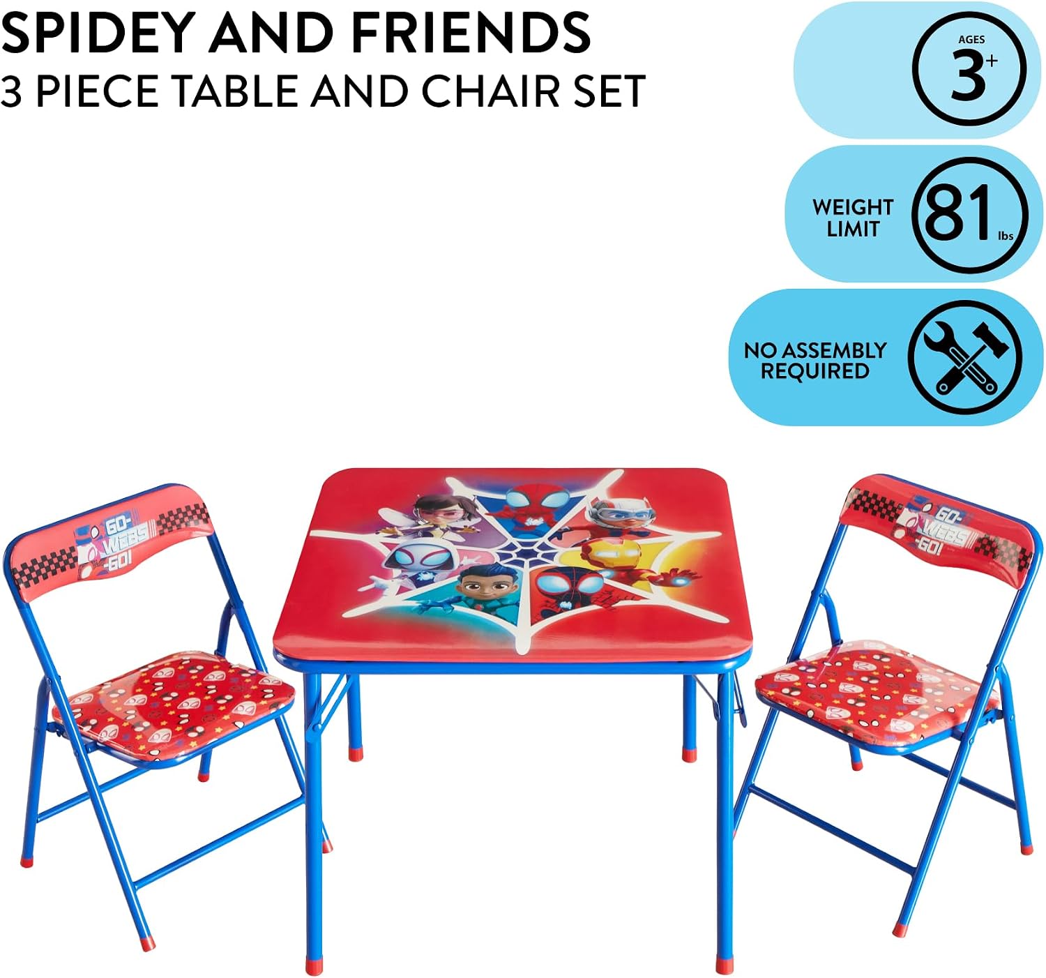 Marvel Spidey and His Amazing Friends Kids Activity Table and Chair Set,3 Piece Set with Square Table & 2 Folding Chairs, Furniture for Ages 3+, Indoor Play & Learning