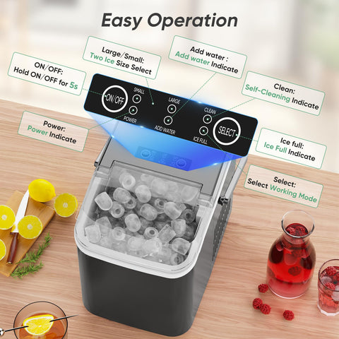 Sweetcrispy Countertop Ice Maker Machine Self-Cleaning, Fast Making 9 Ice Cubes in 6 Minutes, 26.5lbs/24Hrs, 2 Sizes Bullet Ice, Portable Ice Machine with Ice Scoop, Basket and Handle, Black