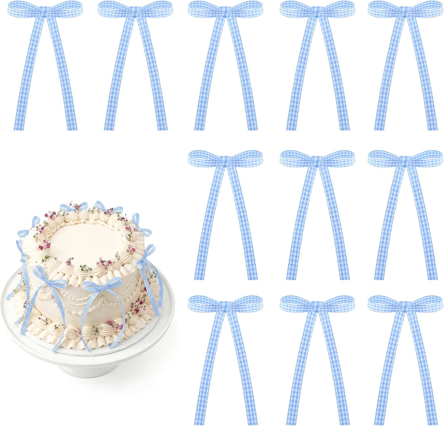 30 Pack Bow Cake Toppers Blue Gingham Ribbon Bows for Cake