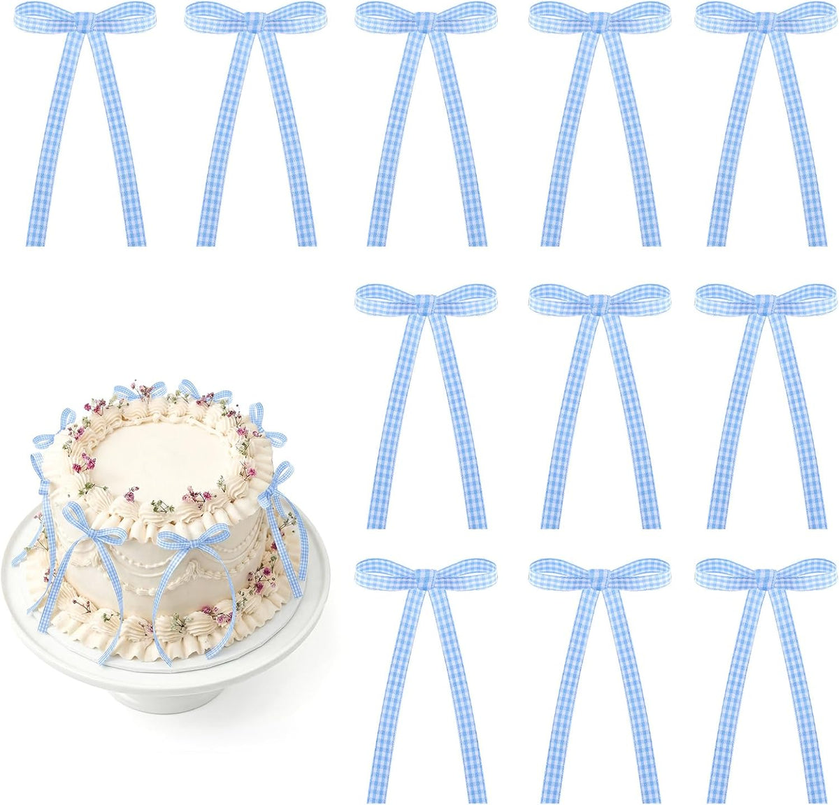 30 Pack Bow Cake Toppers Blue Gingham Ribbon Bows for Cake