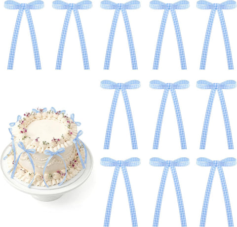 30 Pack Bow Cake Toppers Blue Gingham Ribbon Bows for Cake
