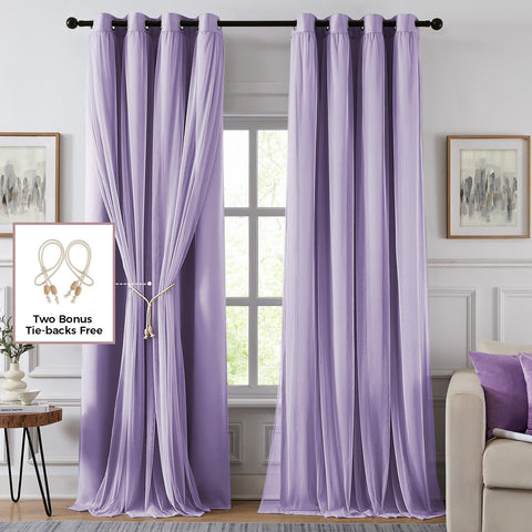100% Blackout Curtains for Bedroom, Double Layer Lilac 90" L