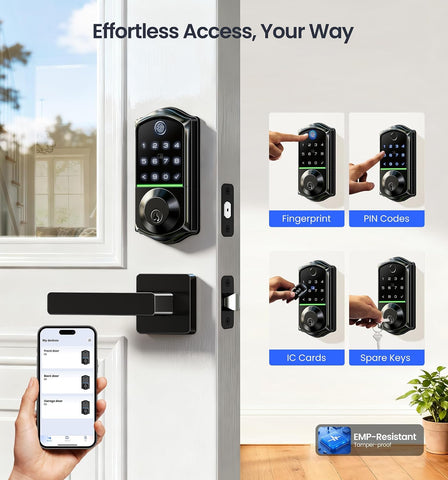 Veise VE017-B Fingerprint Smart Lock with 2 Lever Handles Set, Matte Black