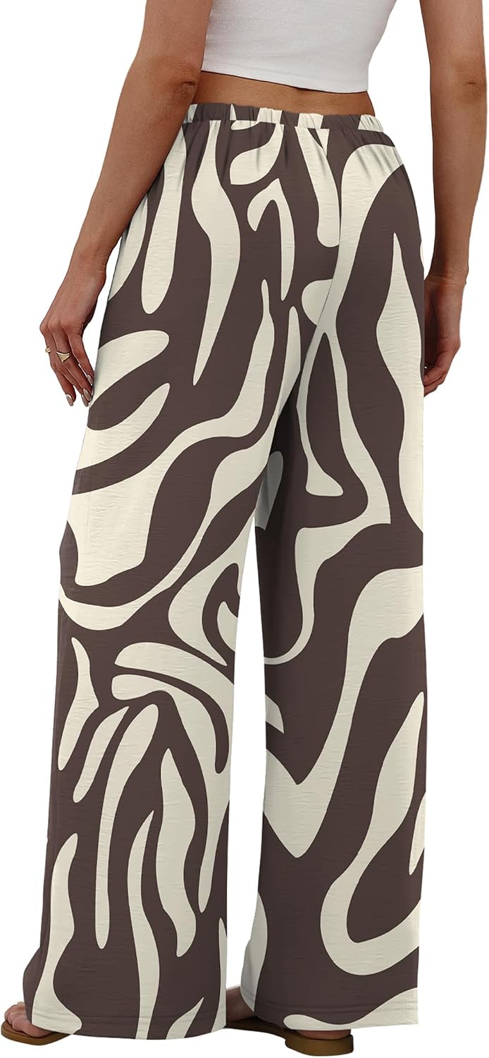 Sampeel Wide Leg Pants for Women Flowy Palazzo Drawstring Elastic Waist Trousers with Pockets Summer Beach Vacation Clothes