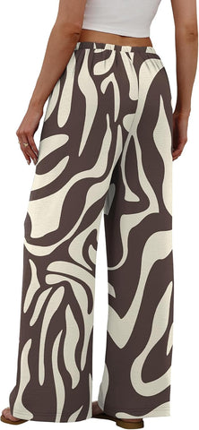Sampeel Wide Leg Pants for Women Flowy Palazzo Drawstring Elastic Waist Trousers with Pockets Summer Beach Vacation Clothes