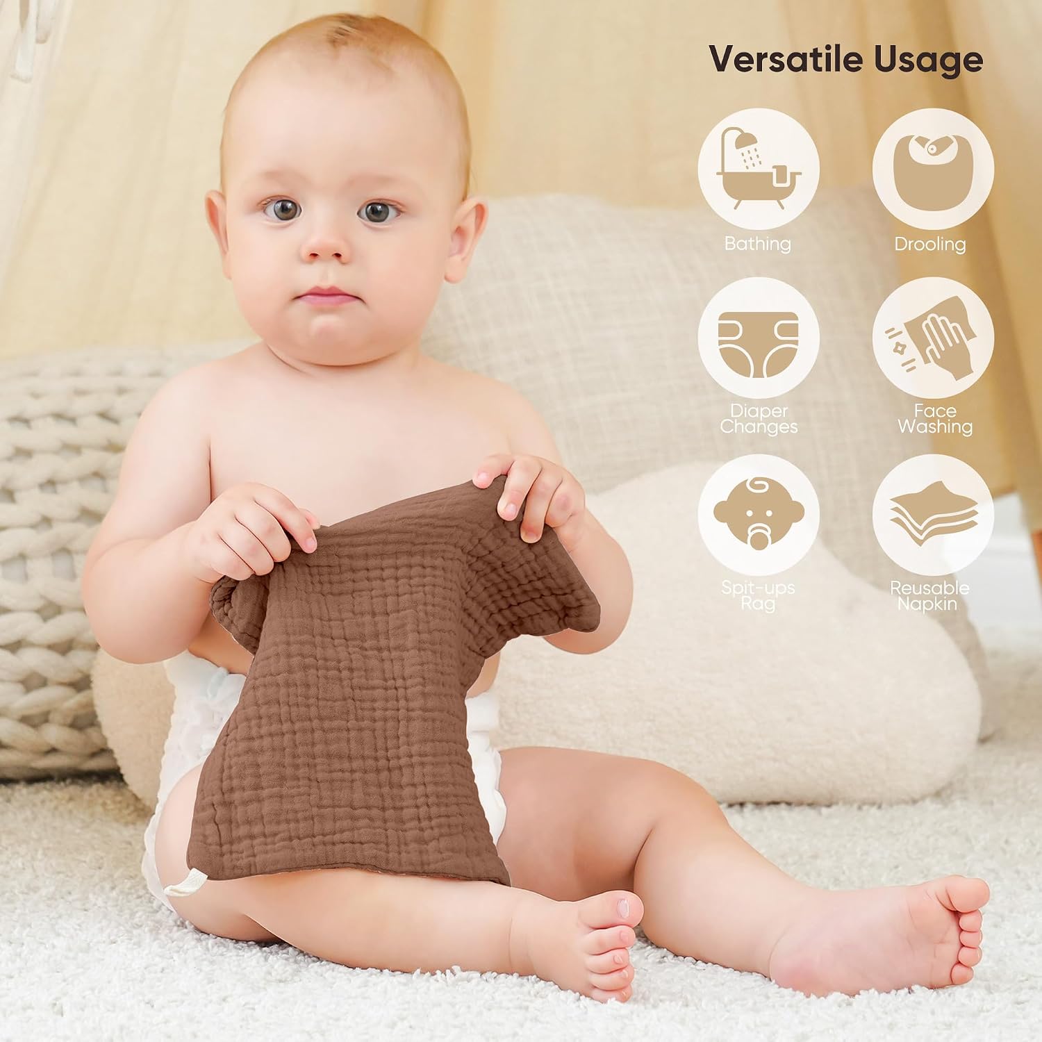 Bearmoss Muslin Burp Cloths 100% Cotton Cloths Baby Burp Cloths Muslin Washcloths Ultra-Absorbent Soft Baby Face Towel Burping Clothes for Newborn Burp Cloths Baby Boys and Girls 20"x10"(ApricotAsh)