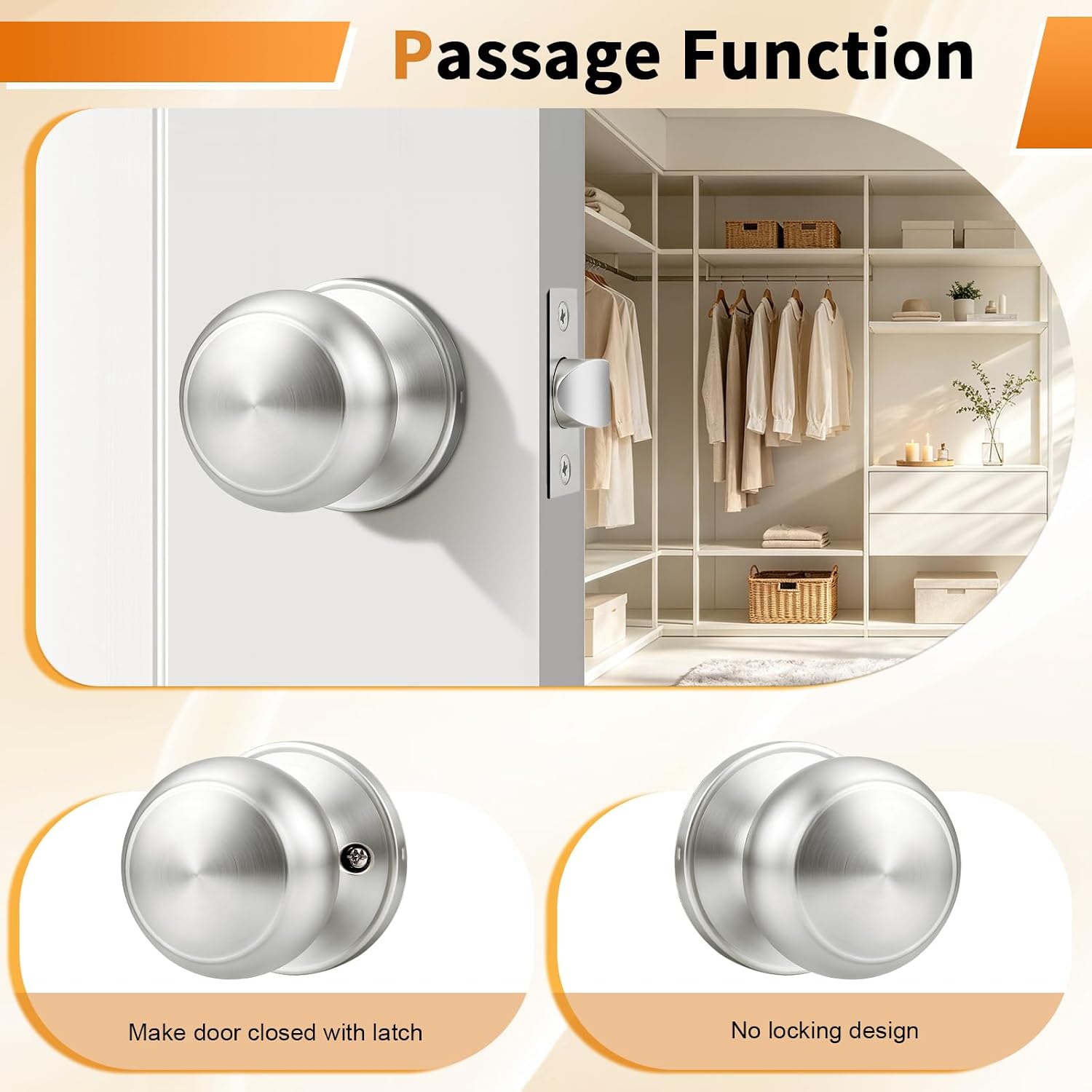 Probrico Interior Closet Door Knob, Brushed Nickel Door Knobs for Interior Doors, Hallway Passage Door Knob with Round Ball Knob, 3 Pack