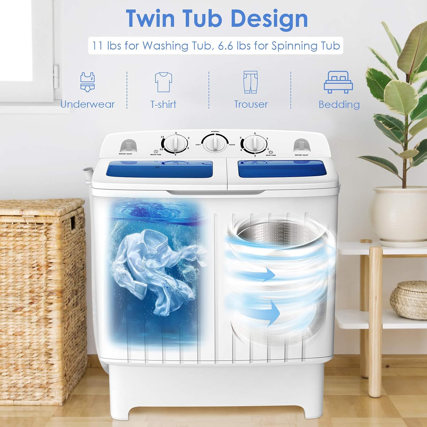 ARLIME Portable Washing Machine, 20lbs Mini Twin Tub Washing Machine