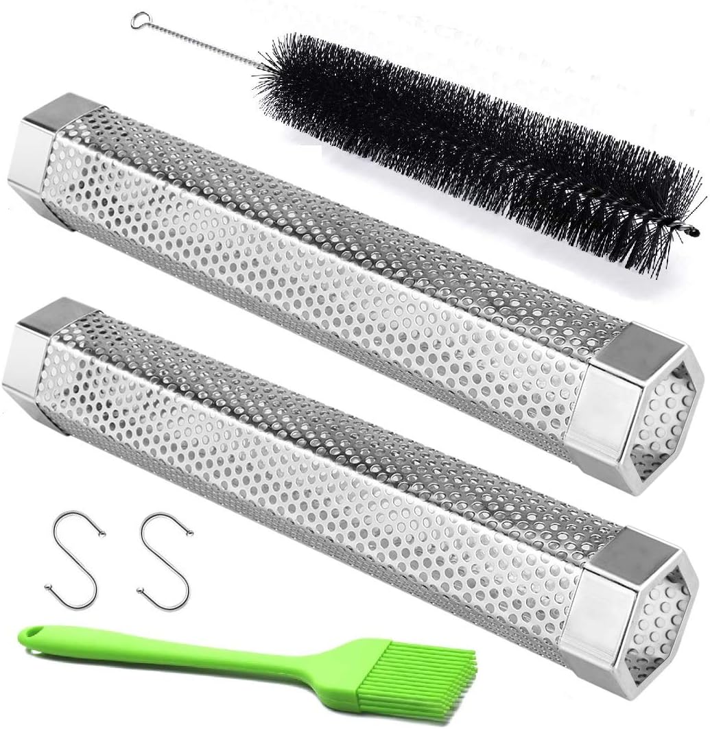 2 Pack 12'' Stainless Steel Pellet Smoker Tube, with Brush and Hooks