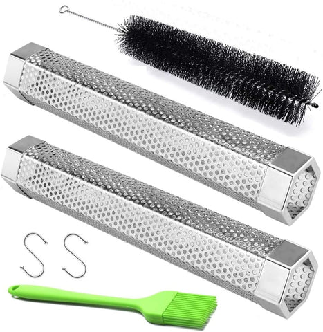 2 Pack 12'' Stainless Steel Pellet Smoker Tube, with Brush and Hooks